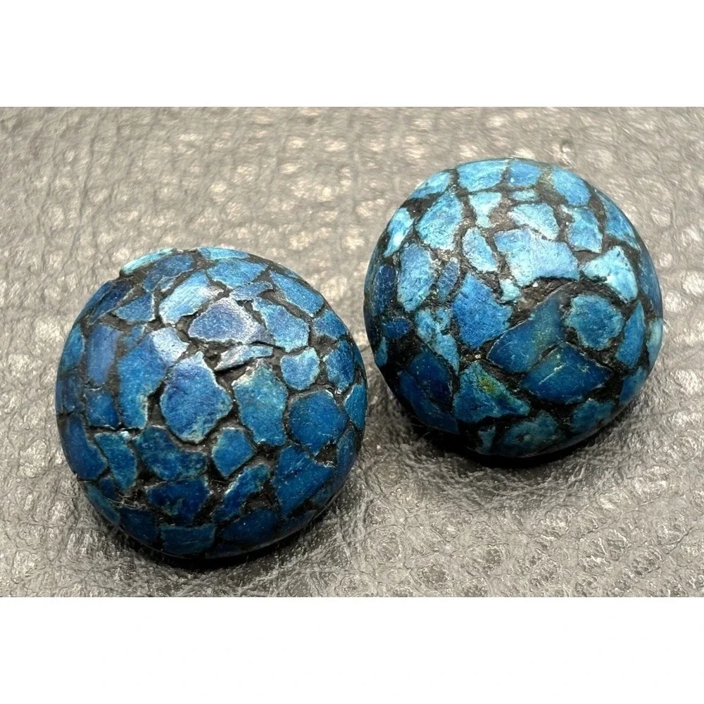 Vintage Made in India Blue Stone Chip Inlay Clip Earrings Boho Ethnic